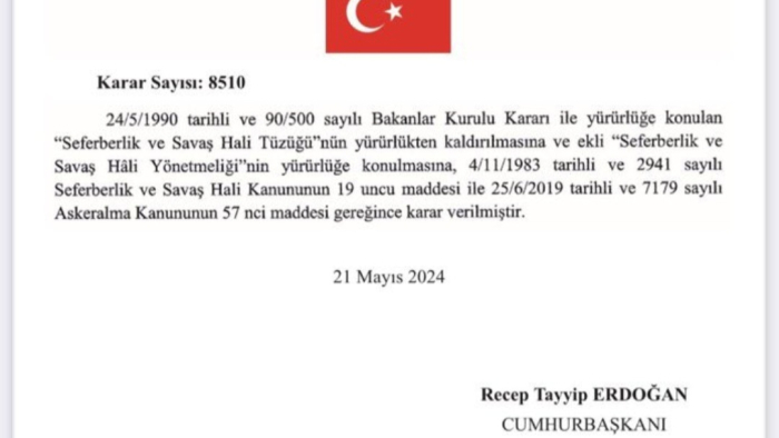 52 sayfalık “Seferberlik ve Savaş Hâli Yönetmeliği” yayımlanarak yürürlüğe girdi.