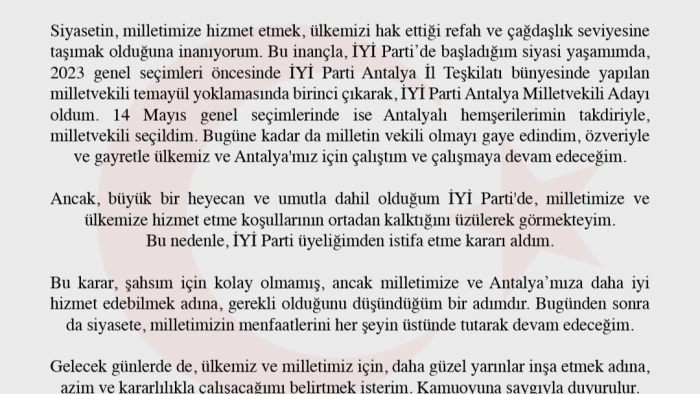 İYİ PARTİ ANTALYA MİLLETVEKİLİ SN. AYKUT KAYA, PARTİSİ'NDEN İSTİFA ETTİ!!!